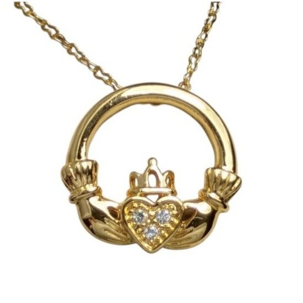 Claddagh Irish Heart Crystal Pendant Necklace Gold Plated